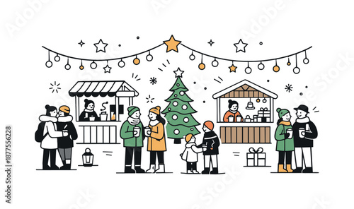 Festive Christmas Market. Visiting Christmas market evening. Visitors standing under string lights and stars, soft winter night mood and peaceful celebration.