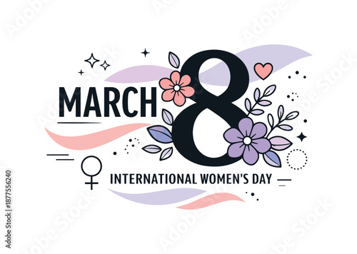 March Elegance. International Women?s Day Poster. A modern poster-style composition with large ?March ? typography integrated with floral elements and abstract