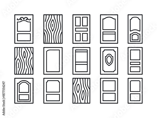 Wooden Door Icons. wooden door. Line icon set of wooden door: decorative carving, wood grain, panel detail, ornamental design, rustic texture, smooth polish,