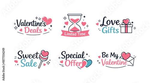 Valentine's Graphic Set. Valentine?s promotional graphic set. Series of small banners and badges with phrases like ?Valentine?s Deals?, ?Limited Time?, ?Love