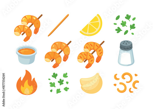Shrimp Skewers Icons. Shrimp skewers. Colorful flat vector icons set of shrimp skewers: grilled shrimp, wooden skewer stick, lemon wedge, herb sprinkle,