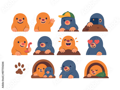 Colorful Moles Icon Set. Cute moles. Colorful flat vector icons set of cute moles: smiling mole, waving paw mole, mole in a hat, shy mole peeking, mole with