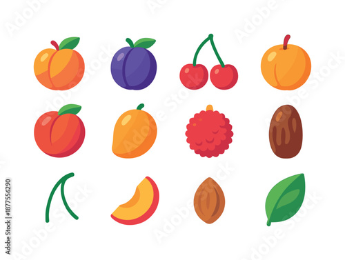 Stone Fruit Icons. Stone Fruits. Colorful flat vector icons set of Stone Fruits: peach, plum, cherry pair, apricot, nectarine, mango, lychee, date fruit,