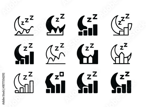 Sleep Science Icons. The science of sleep and its impact on health. Icon set. Set Logo of The science of sleep and its impact on health: sleep cycle graph.