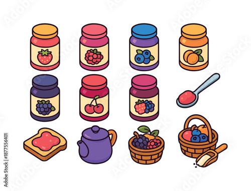 Colorful Jam Icons. jam. Colorful isometric vector icons set of jam: strawberry jam jar, raspberry jam jar, blueberry jam jar, apricot jam jar, blackberry jam