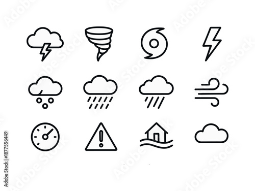 Severe Weather Icons. Severe weather icons. Line icon set of severe weather icons: storm cloud, tornado swirl, hurricane eye, lightning bolt, hail, heavy rain,