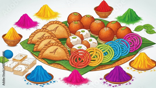 Colorful Holi Festival Food Arrangement with Sweets and Snacks
