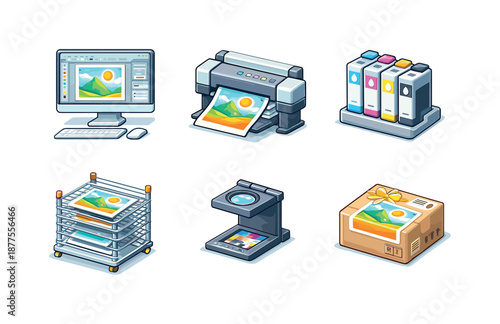 Art Printing Icons. Art printing process. Isometric flat vector icons set of Art printing process: digital art file screen, fine art printer machine, ink
