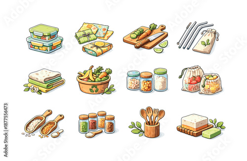 Sustainable Kitchen Icons. Sustainable Kitchen. Colorful isometric vector icons set of Sustainable Kitchen: glass food containers, beeswax wraps, wooden