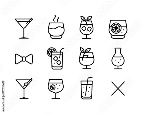Signature Drink Icons. Signature drinks. Line icon set of Signature drinks: house cocktail, smoky drink, herbal infusion cocktail, seasonal special,