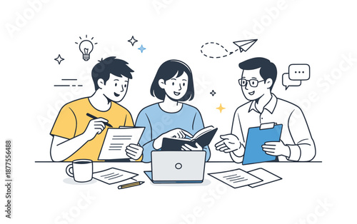 Collaborative Teamwork Scene. Team project collaboration. Colleagues discussing progress and reviewing notes and documents together. Cooperative workflow and