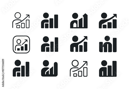 Human Resources Icons. Human resources. Icon set. Set Logo of human resources: growth chart with person. harmonious logo variations of the same emblematic