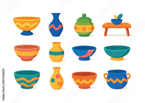 Colorful Ceramic Icons. Tabletop Ceramic Decor. Colorful flat vector icons set of Tabletop Ceramic Decor: centerpiece bowl, ceramic vase, small pot, table