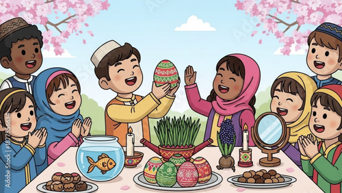 Multiracial Kids Celebrating Nowruz with Traditional Food and Decorations