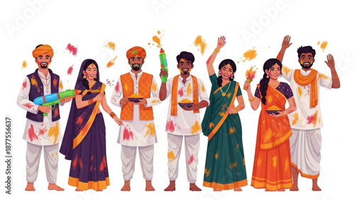 Indian People Celebrating Holi Festival with Colorful Powder