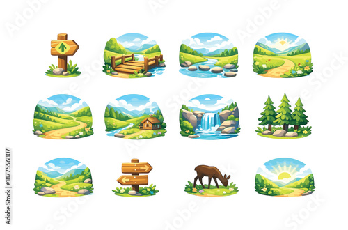 Calm Valley Icons. Calm Valley Trail. Colorful flat vector icons set of Calm Valley Trail: trail marker, wooden bridge, stepping stones, open field, valley