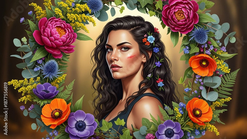 Beautiful Woman Surrounded by Colorful Flowers and Greenery
