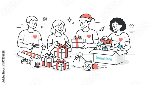 Holiday Volunteering Spirit. Volunteering during holidays preparation. Volunteers wrapping gifts or preparing holiday supplies together. Thoughtful action and
