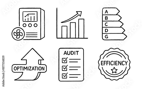 Hand drawn energy efficiency icons with trends and optimization