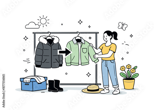 Spring Wardrobe Shift. Seasonal wardrobe change illustration. Clean modern scene with clothing rack or hanger showing heavy coat replaced by a lighter jacket,