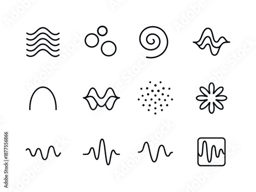 Sound Iconography Grid. Abstract shapes and colors representing sound. Line icon set of abstract shapes and colors representing sound: multi-wave ripple,