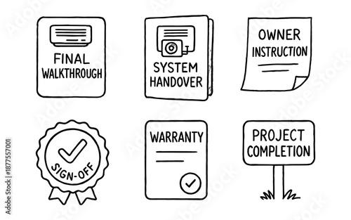 Hand-drawn icons for project completion: final walkthrough, system handover, and warranty