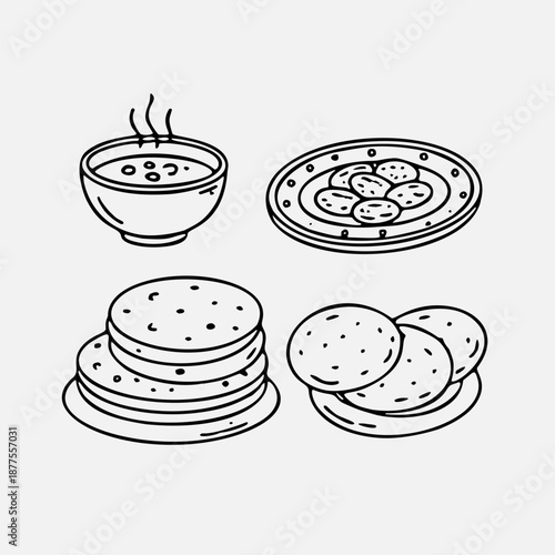 Vector line art illustration of assorted culinary dishes steaming soup, baked goods, and stacked flatbreads set