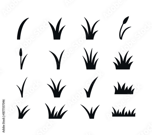 Black Grass Icon Set. Wild grass shapes. Solid icon set of Wild grass shapes: tall curve blade, split blade, triple tuft, windy stem, reed tip, curved arc