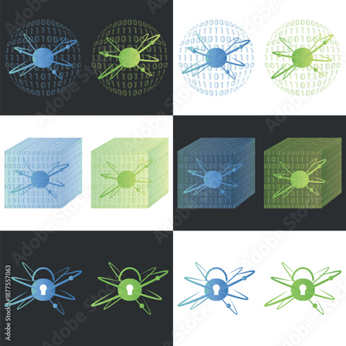 Quantum computing and advanced encryption icon set, futuristic data security with atomic structures and binary cubes, vector illustration.