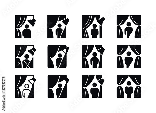 Backstage Performers Icons. performers backstage. Icon set. Set Logo of performers backstage: spotlight from side. harmonious logo variations of the same
