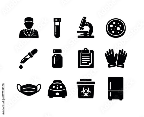 Medical Lab Icons. Medical Laboratory. Solid icon set of Medical Laboratory: lab technician, blood test tube, microscope, petri dish, pipette, vial bottle, lab