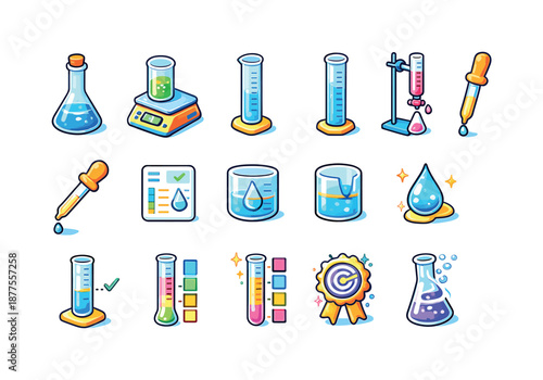 Colorful Chemical Icons. Chemical Measurement. Colorful isometric vector icons set of Chemical Measurement: volumetric flask, digital scale,
