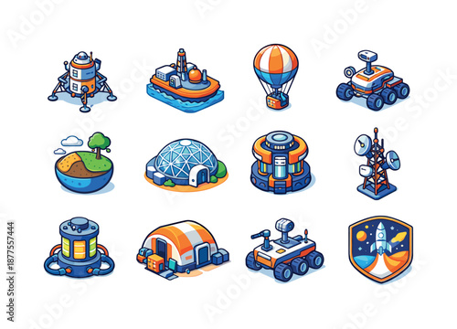 Future Exploration Icons. Future exploration. Colorful isometric vector icons set of future exploration: advanced lander, hydrocarbon boat, atmospheric