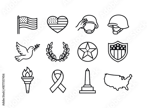 Patriotic Icon Set. Patriotism. Line icon set of Patriotism: waving flag, heart with flag, salute hand, soldier helmet, peace dove, laurel wreath, star emblem,