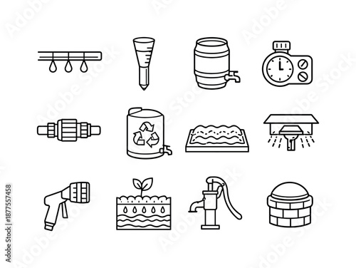 Eco Farming Icons. Eco farming. Line icon set of water conservation tools: drip irrigation line, rain gauge, water barrel, irrigation timer, hose filter,