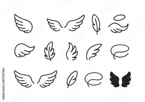 Angel Wing Line Icons. Angel wings. Line icon set of angel wings: single wing, double wings, feather outline, halo ring, wing curve, feather cluster, wing tip