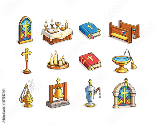Church Icon Set. Church elements. Colorful isometric vector icons set of church elements: stained glass window, altar table, prayer book, wooden pew, cross on