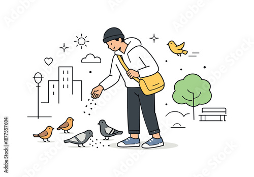 Daily Bird Feeding. Feeding birds as daily ritual. A person pausing during a walk to feed birds, sense of balance between urban life and small mindful habits.