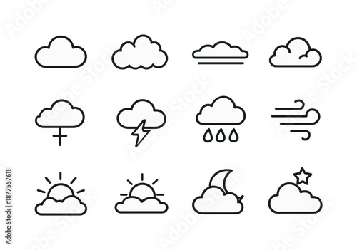 Sky Mood Icons. Sky moods. Line icon set of sky moods: calm cloud, fluffy cloud, overcast layer, broken cloud, storm formation, lightning icon, raindrop