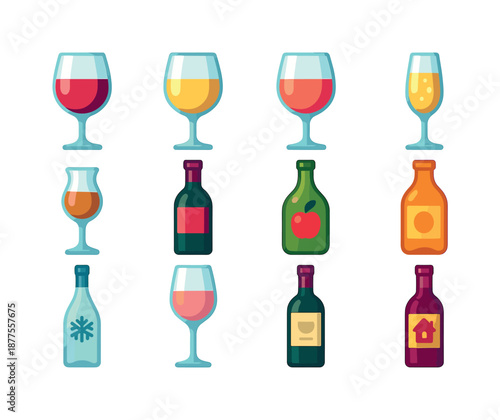 Colorful Wine Icons. Wine types. Colorful flat vector icons set of wine types: red wine, white wine, rose wine, sparkling wine, dessert wine, fortified wine,