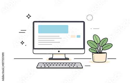 Minimalist Work Desk. Minimal desk with computer and plant. Clean editorial layout featuring screen, minimal keyboard and green plant as accent, calm and