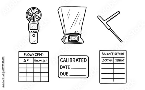 Hand drawn hvac tools and calibration charts for maintenance and testing