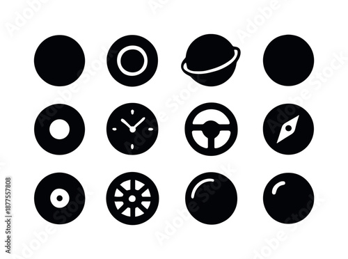 Black Round Icons Grid. Round. Solid icon set of Round: circle shape, round button, ball icon, coin icon, donut icon, clock face, steering wheel, planet icon,