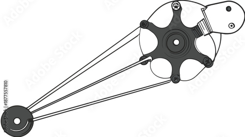A technical illustration of a complex pulley system with dark grey components and a simple design