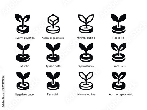 Poverty Relief Logos. Poverty alleviation. Icon set. Set Logo of poverty alleviation: plant sprouting from coin. harmonious logo variations of the same