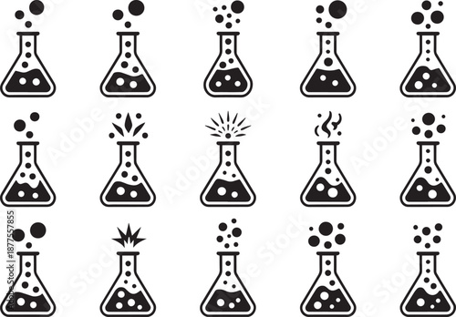 Black and White Laboratory Flask Icon Set with 15 Unique Chemical Reaction Designs Including Bubbles Steam and Bursts for Science Education and Chemistry Graphics.