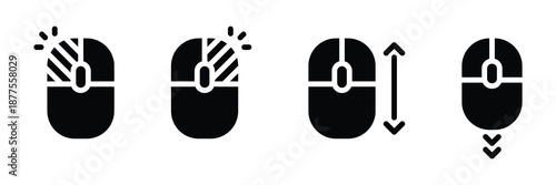 Mouse interaction icon set featuring left click, right click, scrolling, and scroll down actions, commonly used as interface indicators and visual cues to guide user interaction.