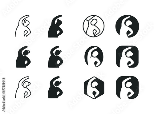Elderly Fitness Icons. Sports and fitness for seniors and elderly. Icon set. Set Logo of sports and fitness for seniors and elderly: gentle stretching pose.