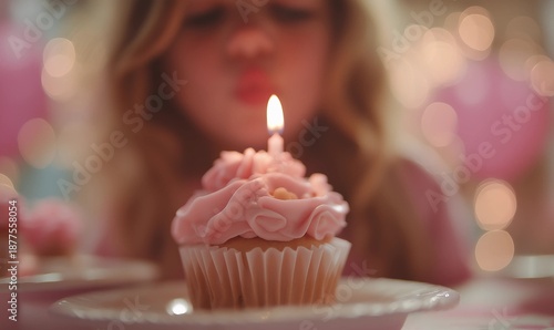 Close up of girl blowing pink birthday cupcake candle