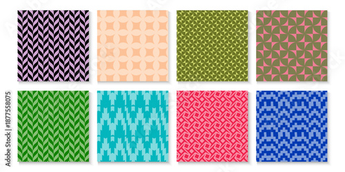 Set of bright colorful backgrounds with modern minimal labels. Cute abstract geometrical textures, geometric memphis style. Hello summer  banner, cards, flayer with lines funky groovy maze backgrounds